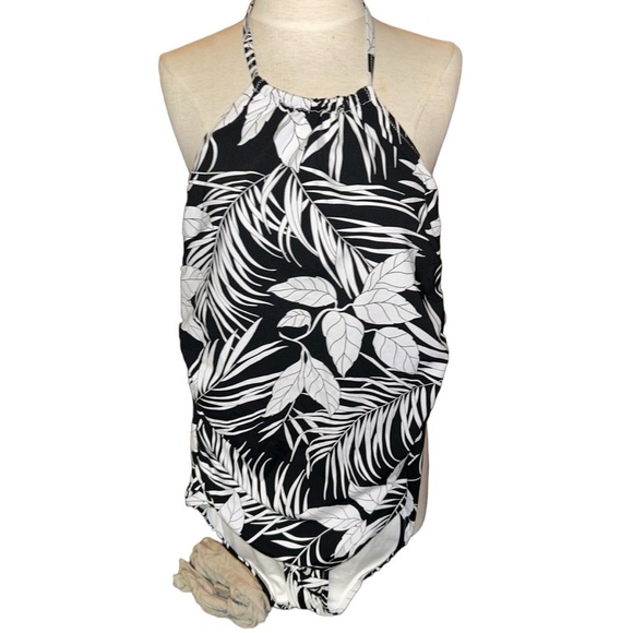 Lands end halter black white tropical palms  swimsuit plus size 14 one piece - Picture 2 of 4